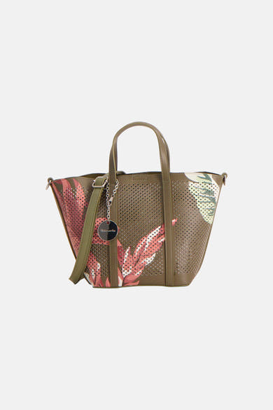 Sac à main kaki perforé de TAMARIS, à motif feuilles tropicales roses et blanches, avec charm logo.