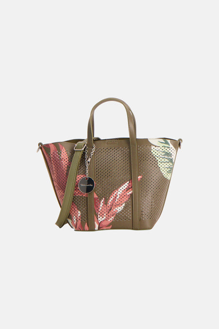 Sac à main kaki perforé de TAMARIS, à motif feuilles tropicales roses et blanches, avec charm logo.