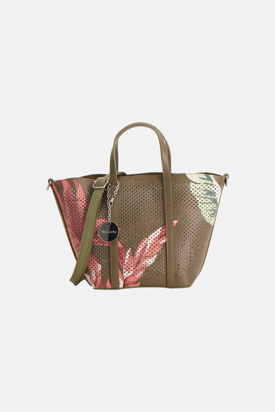 Sac à main kaki perforé de TAMARIS, à motif feuilles tropicales roses et blanches, avec charm logo.