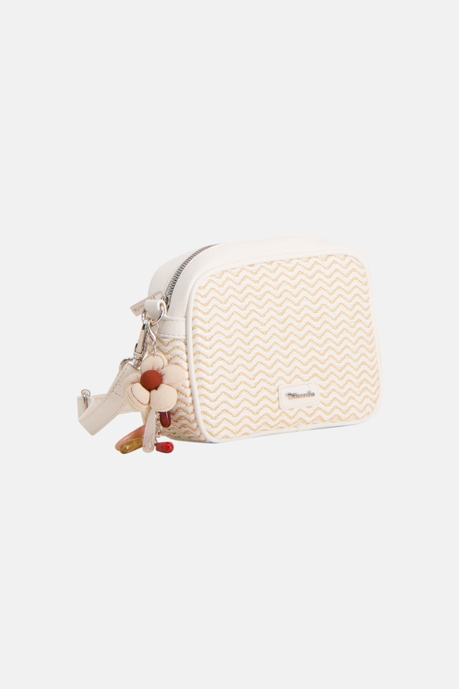 Witte handtas van Tamaris met zigzagpatroon en decoratieve bloemenbedel.