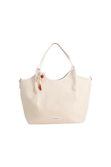 Sac à main blanc de TAMARIS avec motif à chevrons et bretelles blanches, orné d'une fleur décorative.