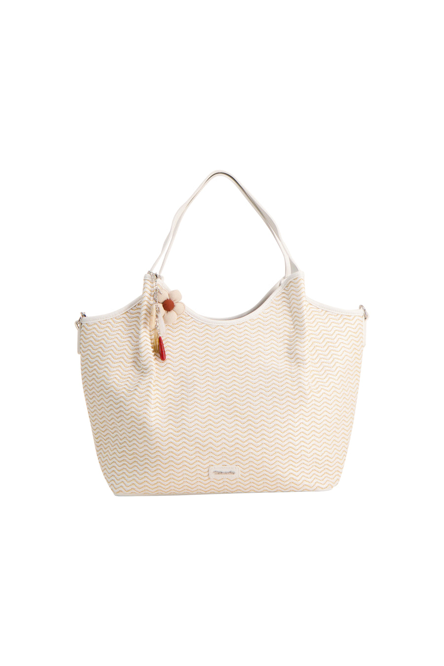 Sac à main blanc de TAMARIS avec motif à chevrons et bretelles blanches, orné d'une fleur décorative.