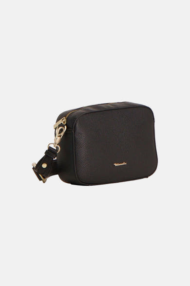Sac à main noir en cuir synthétique de TAMARIS, avec une bandoulière réglable et des détails dorés.

