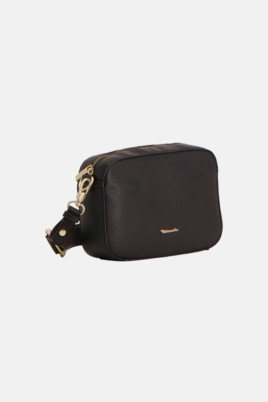 Sac à main noir en cuir synthétique de TAMARIS, avec une bandoulière réglable et des détails dorés.
