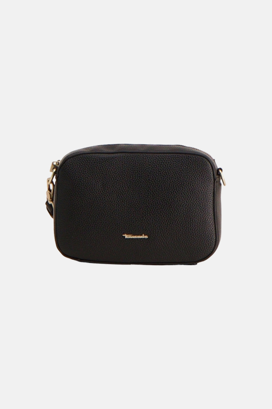 Sac à main noir par TAMARIS, avec une texture grainée et une petite plaque dorée.
