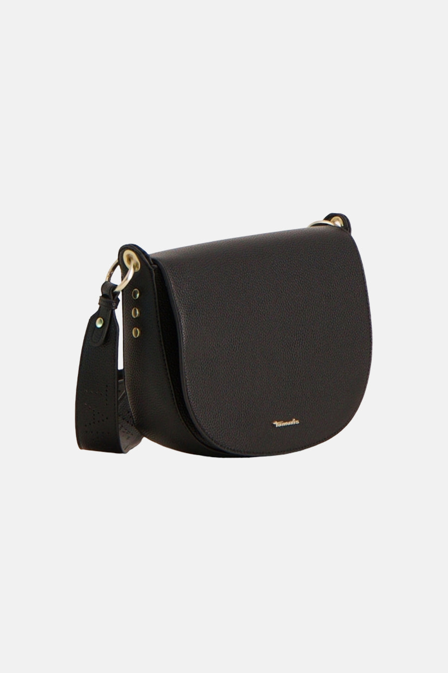 Sac à main noir par TAMARIS, avec une texture grainée et une bandoulière réglable.