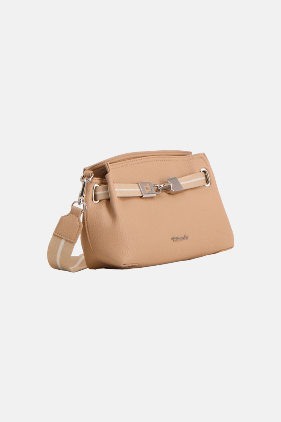 Beige handtas van TAMARIS, met een gestreepte schouderriem en een metalen sluiting.