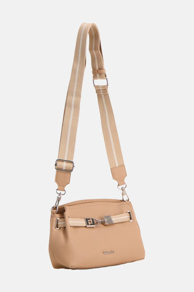Sac à main beige de TAMARIS, avec bandoulière rayée et détails argentés.
