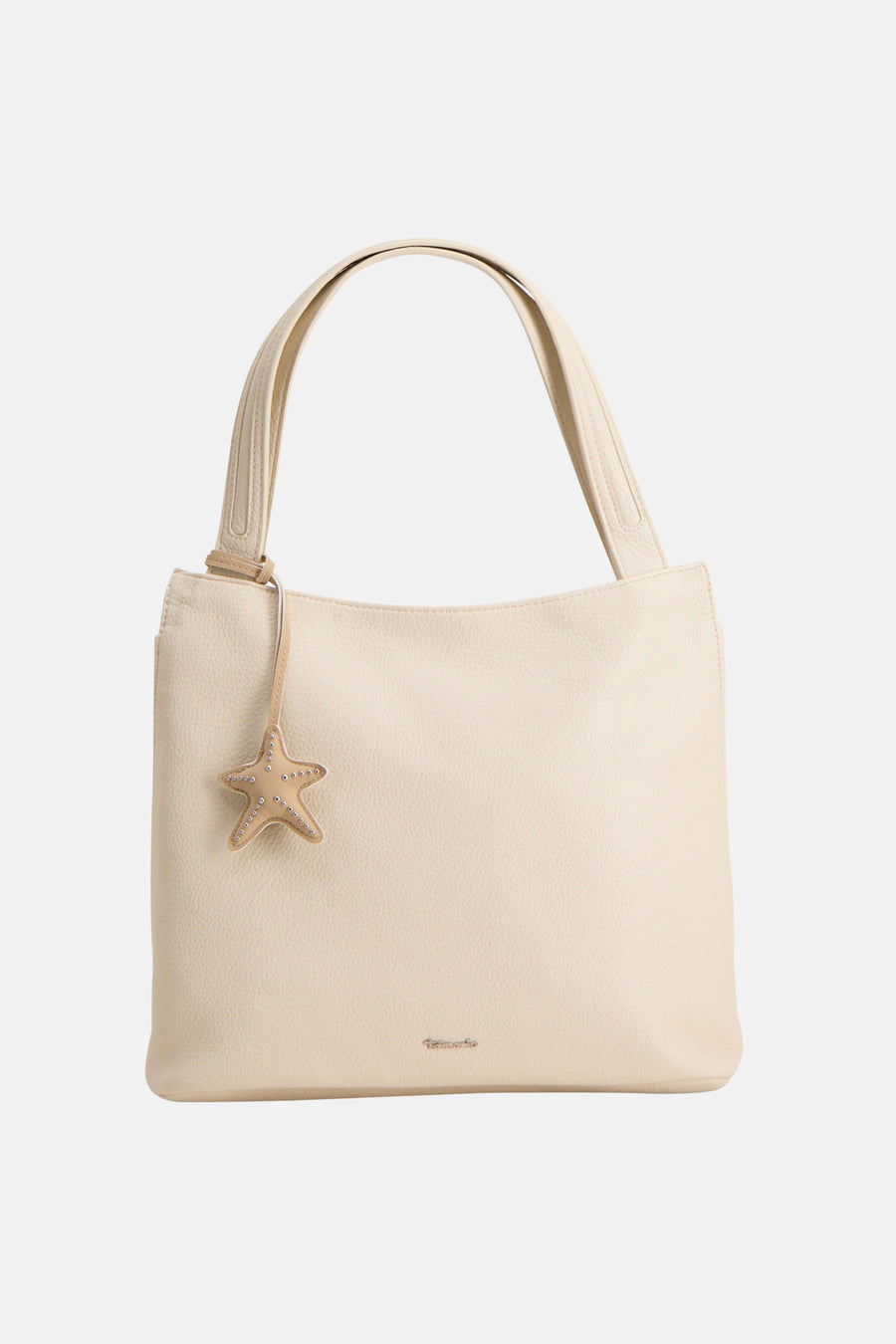 Beige handtas van Tamaris, met een sterbedel, gedragen met een zwarte trui en een zwarte broek.
