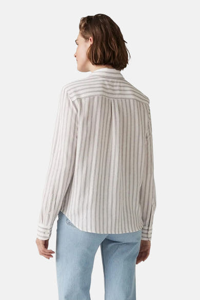 Wit gestreept overhemd met lange mouwen van Levi's, met rugplooi, gedragen met een lichtblauwe jeans.