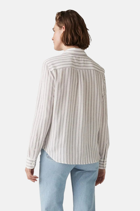 Wit gestreept overhemd met lange mouwen van Levi's, met rugplooi, gedragen met een lichtblauwe jeans.