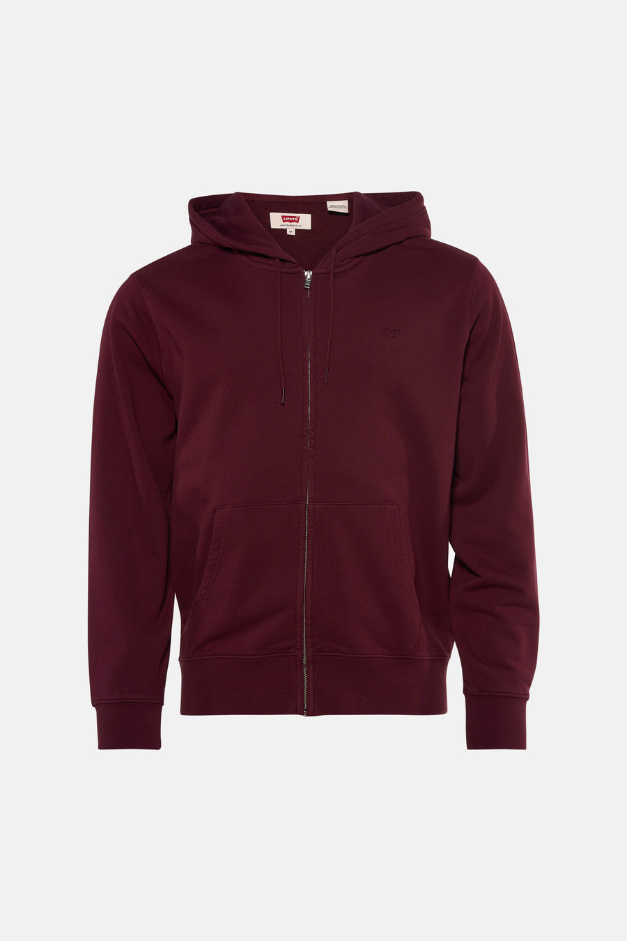 Bordeaux zip-front hoodie by Levi's with front kangaroo pocket and ribbed cuffs, shown in front view