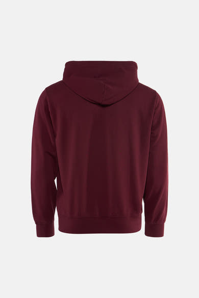 Bordeaux hooded sweatshirt back view, solid color, ribbed cuffs and hem, relaxed fit