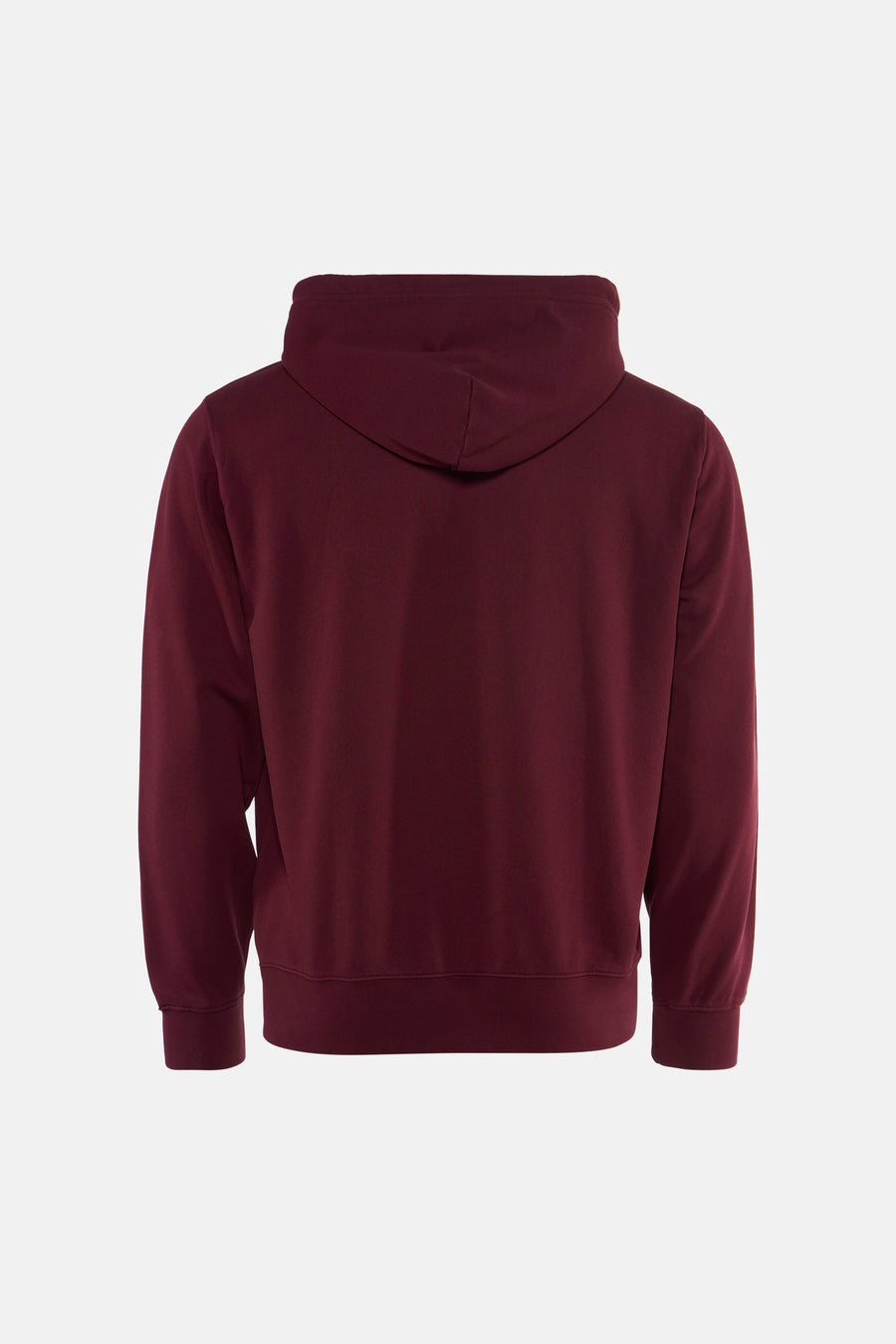 Bordeaux hooded sweatshirt back view, solid color, ribbed cuffs and hem, relaxed fit