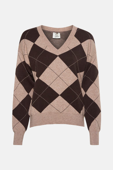 V-hals trui van Terra di Siena in ruitpatroon bruin en beige.