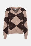 V-hals trui van Terra di Siena in ruitpatroon bruin en beige.