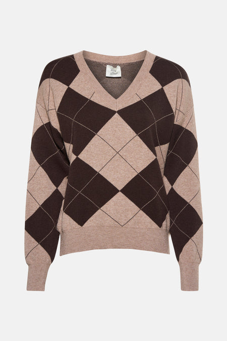 V-hals trui van Terra di Siena in ruitpatroon bruin en beige.