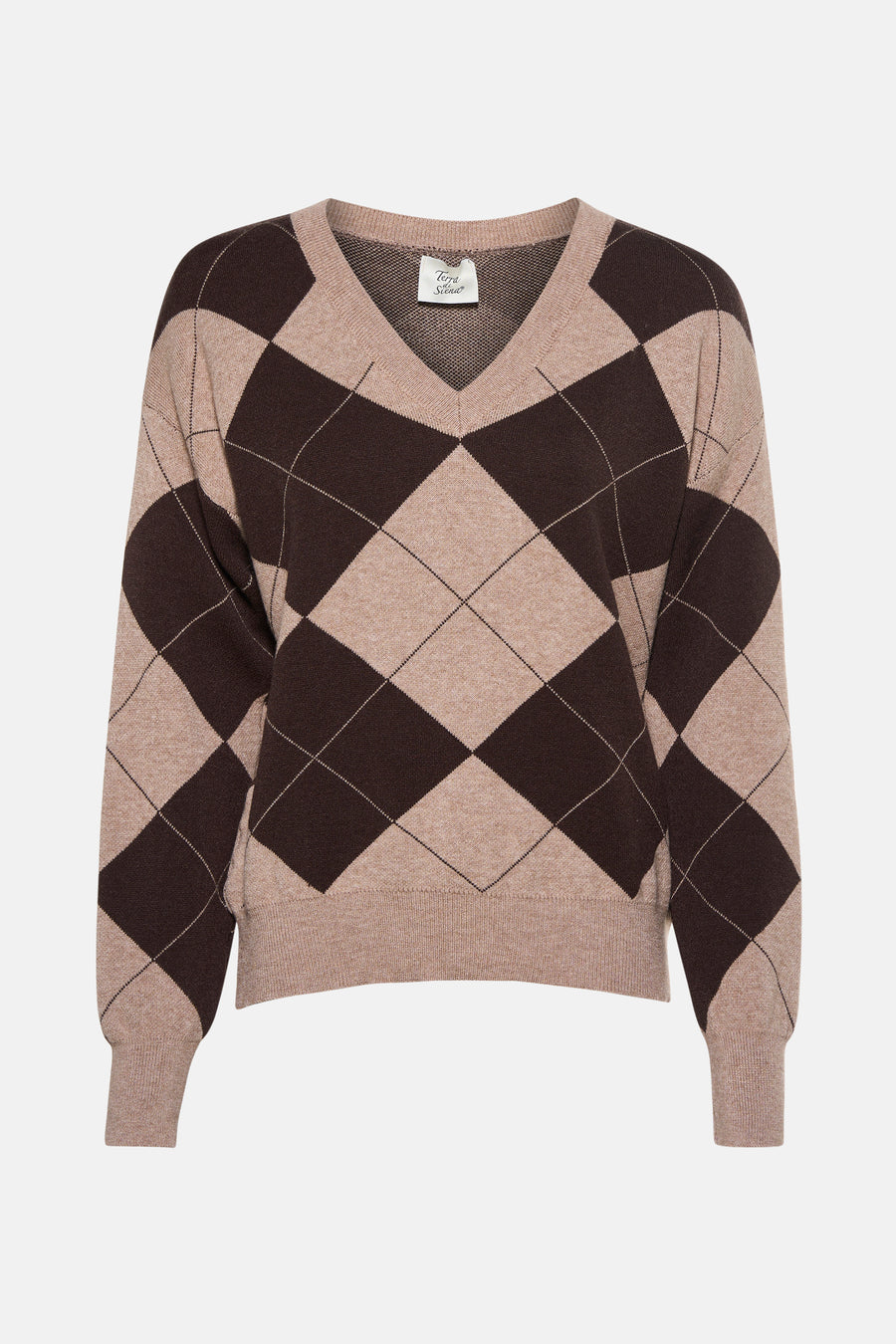 V-hals trui van Terra di Siena in ruitpatroon bruin en beige.