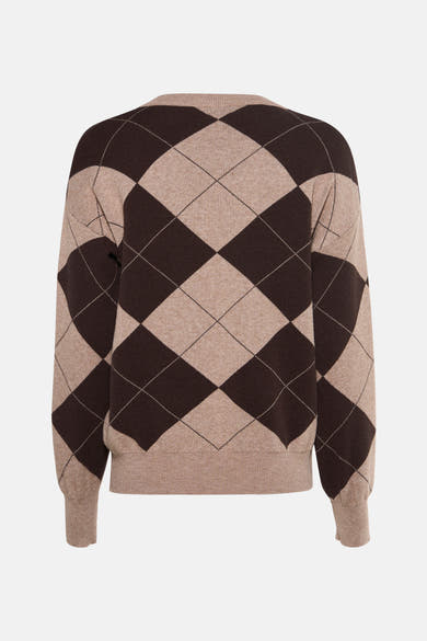 V-hals trui van een wolmix van Terra di Siena met ruitpatroon in bruin en beige.
