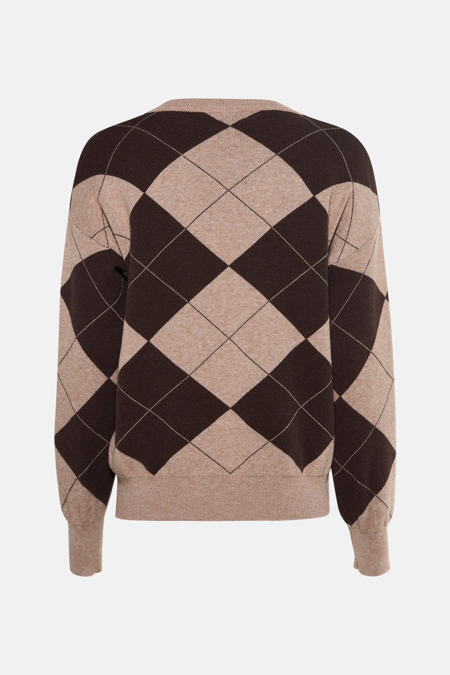 V-hals trui van een wolmix van Terra di Siena met ruitpatroon in bruin en beige.