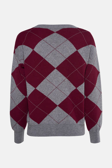 Pull col V multicolore de Terra di Siena avec motif losanges bordeaux et gris, vue de dos.
