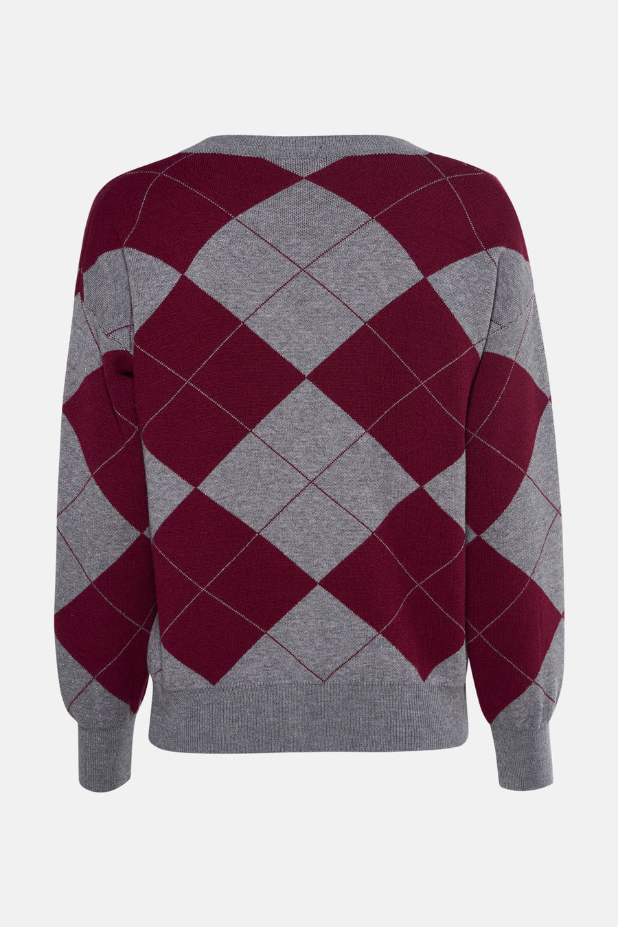 Pull col V multicolore de Terra di Siena avec motif losanges bordeaux et gris, vue de dos.
