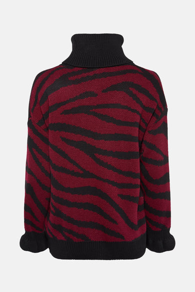 Bordeaux coltrui van Terra di Siena, met zwart zebraprint en zwarte geribbelde afwerkingen.