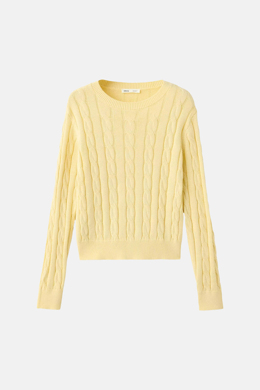 Yellow cable-knit round-neck sweater by MNG, featuring ribbed cuffs and hem, front view.