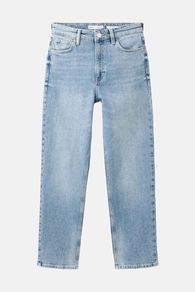 Light blue mom jeans by MNG with faded wash, straight fit, and classic five-pocket design, front view