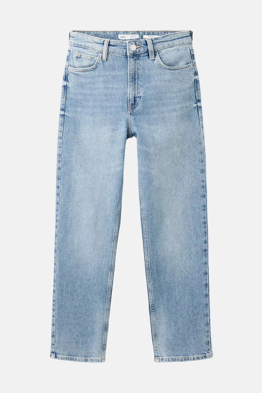 Light blue mom jeans by MNG with faded wash, straight fit, and classic five-pocket design, front view