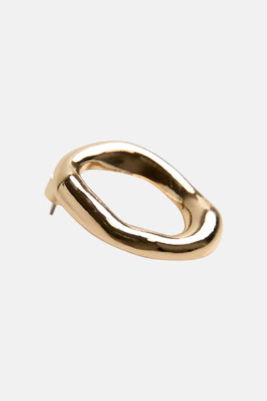 Gold-toned oval hoop earring with polished finish, side view, minimalist design
