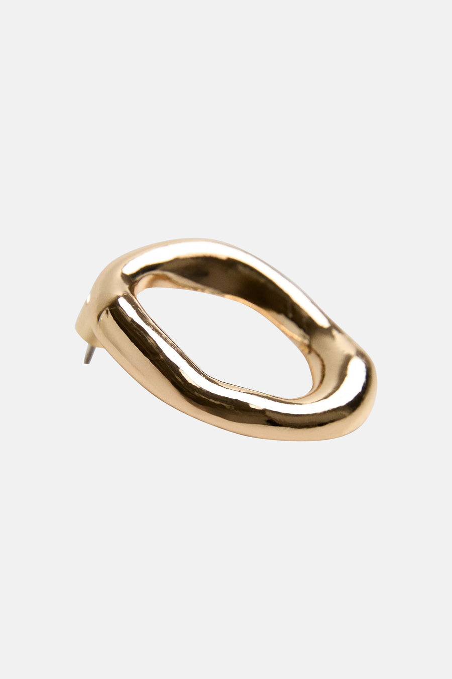 Gold-toned oval hoop earring with polished finish, side view, minimalist design