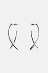 Silver-toned hoop earrings with crossed bar design and polished finish, front view