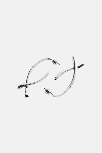 Silver-toned hoop earrings with twisted design, featuring polished metal finish and secure post backs, shown in side view against white background
