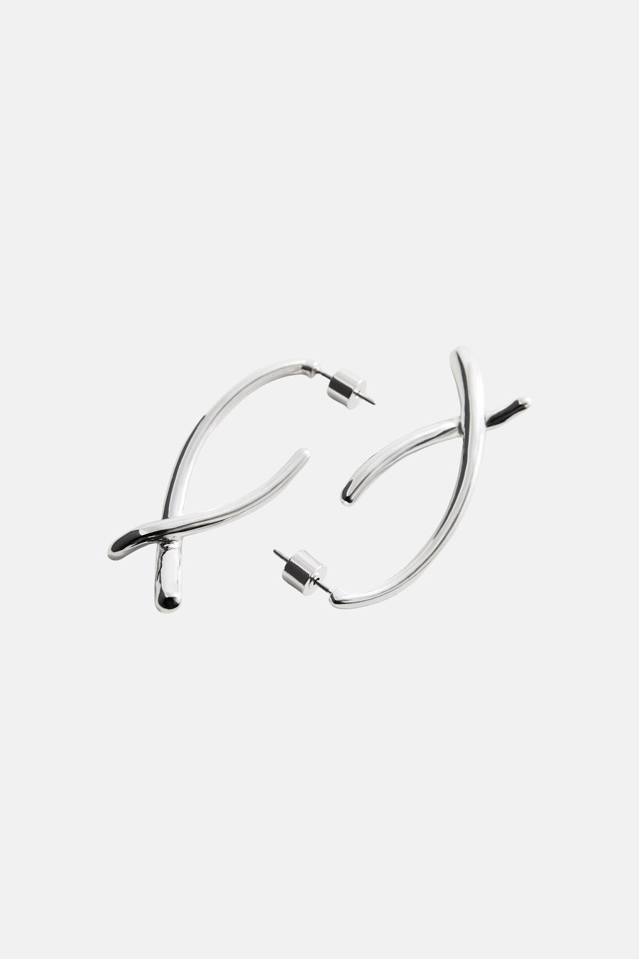 Silver-toned hoop earrings with twisted design, featuring polished metal finish and secure post backs, shown in side view against white background