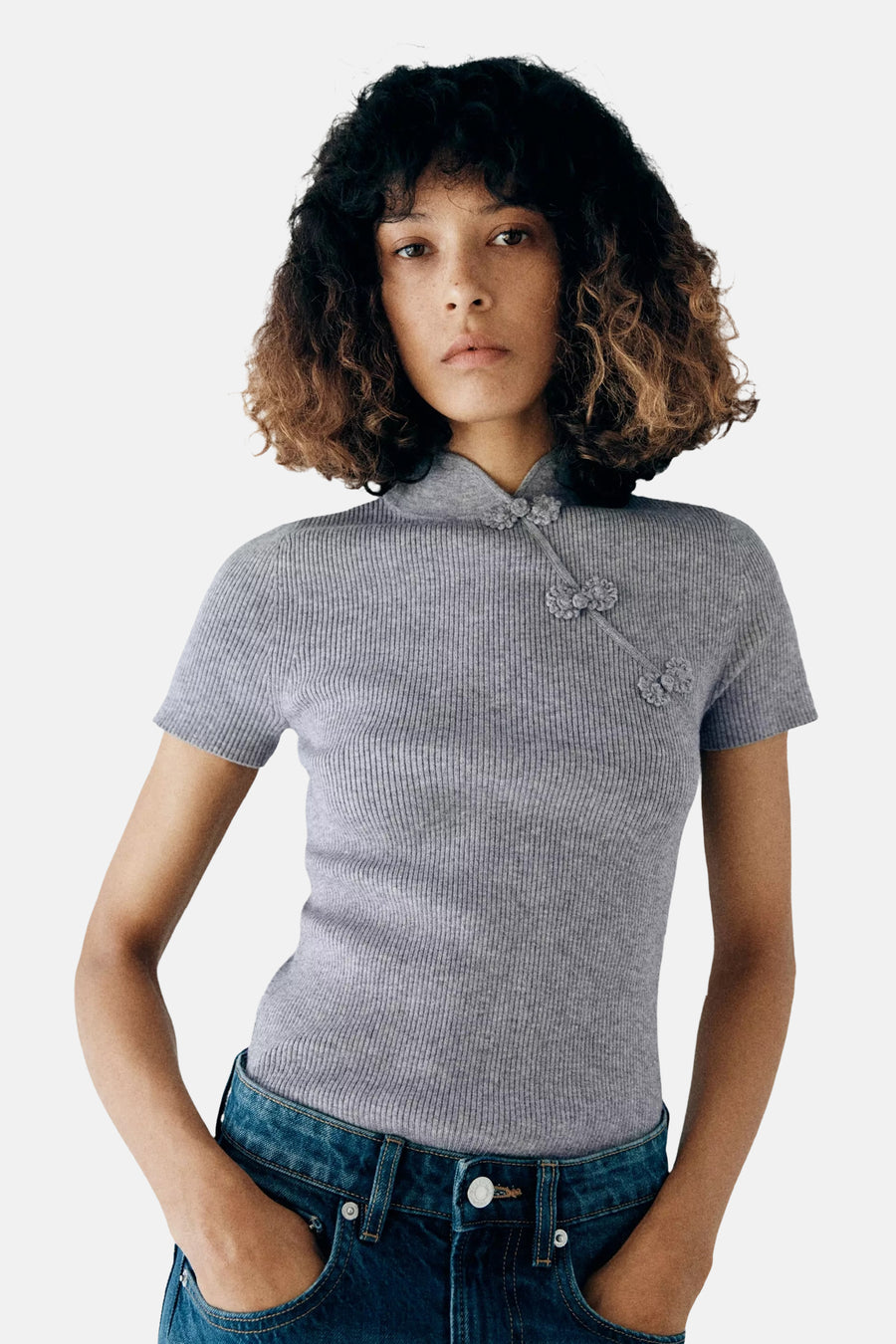 Dames tops pull korte mouw grijs - MANGO