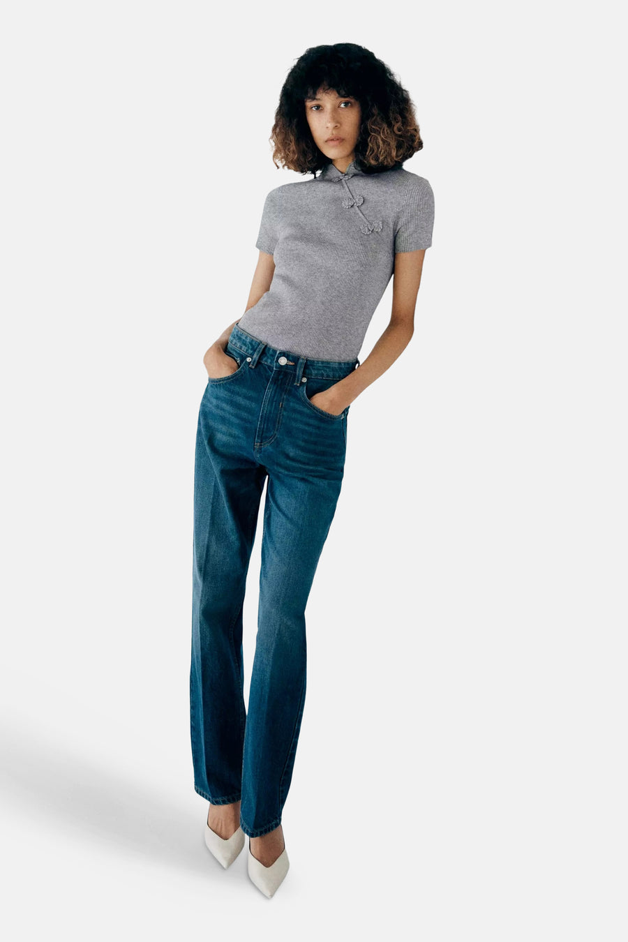Dames tops pull korte mouw grijs - MANGO