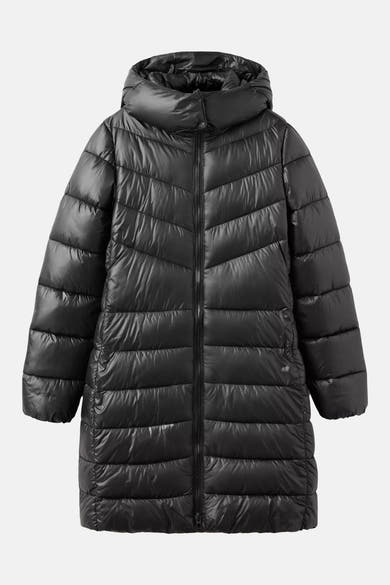 Black quilted puffer coat with hood and front zipper, glossy finish, full-length view