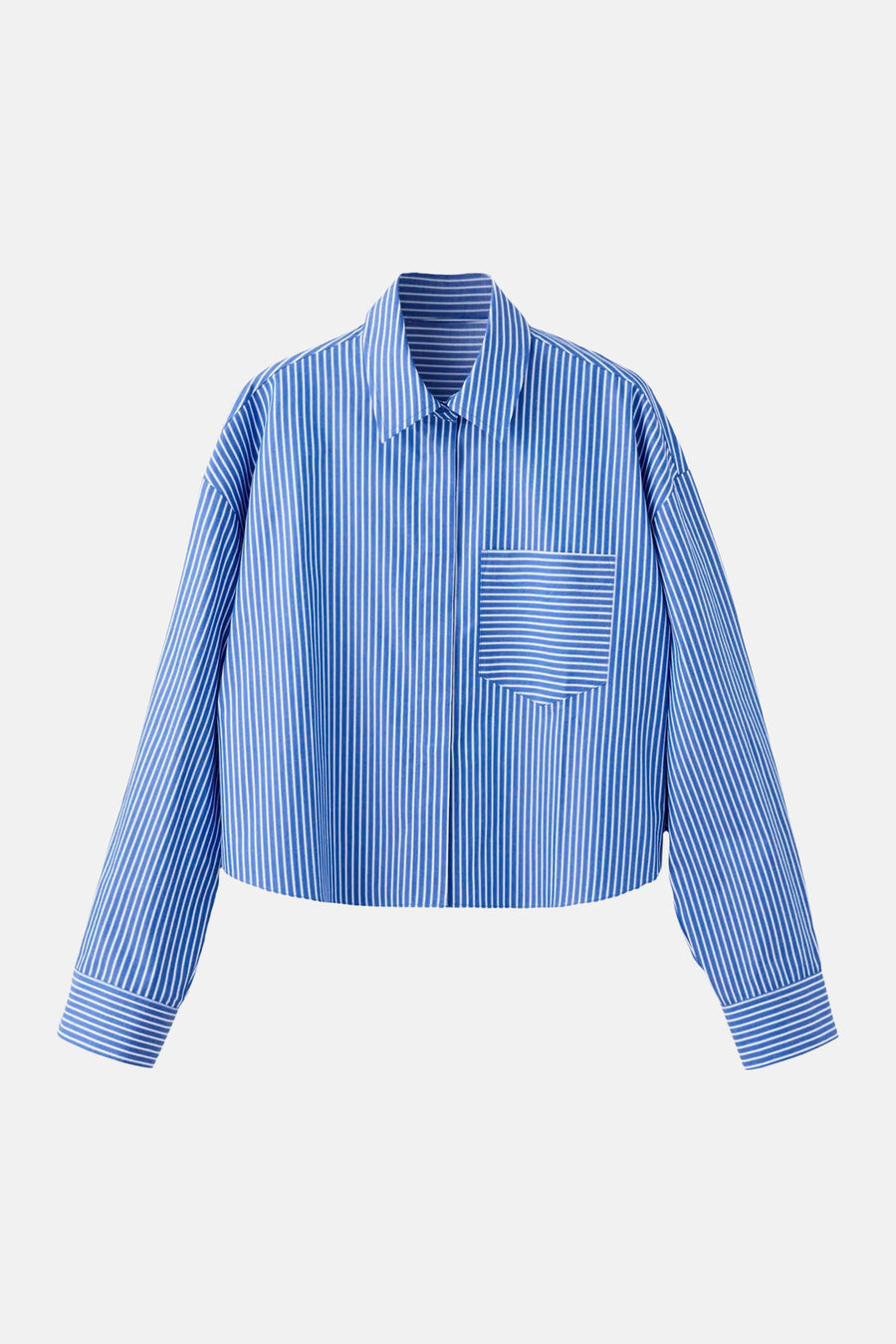 Blue and white striped long-sleeve blouse with chest pocket, front view, cropped fit
