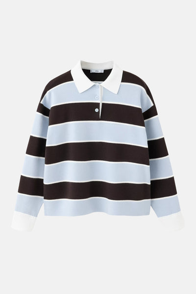 Multicolored striped knit polo sweater with white collar and cuffs, front view