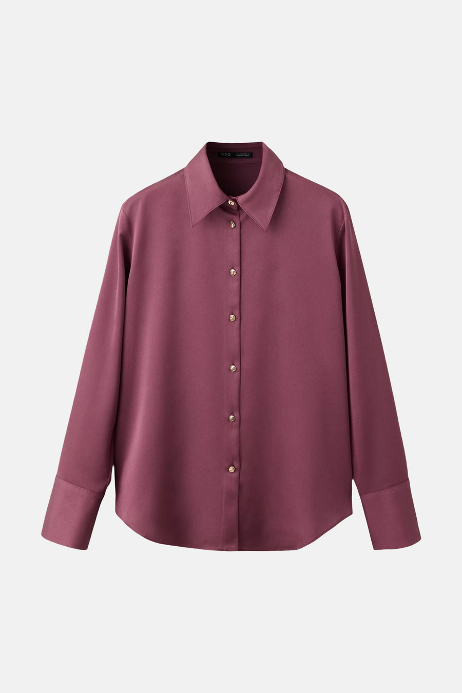 Bordeaux long-sleeve blouse by MNG with classic collar, front buttons, and smooth fabric, front view