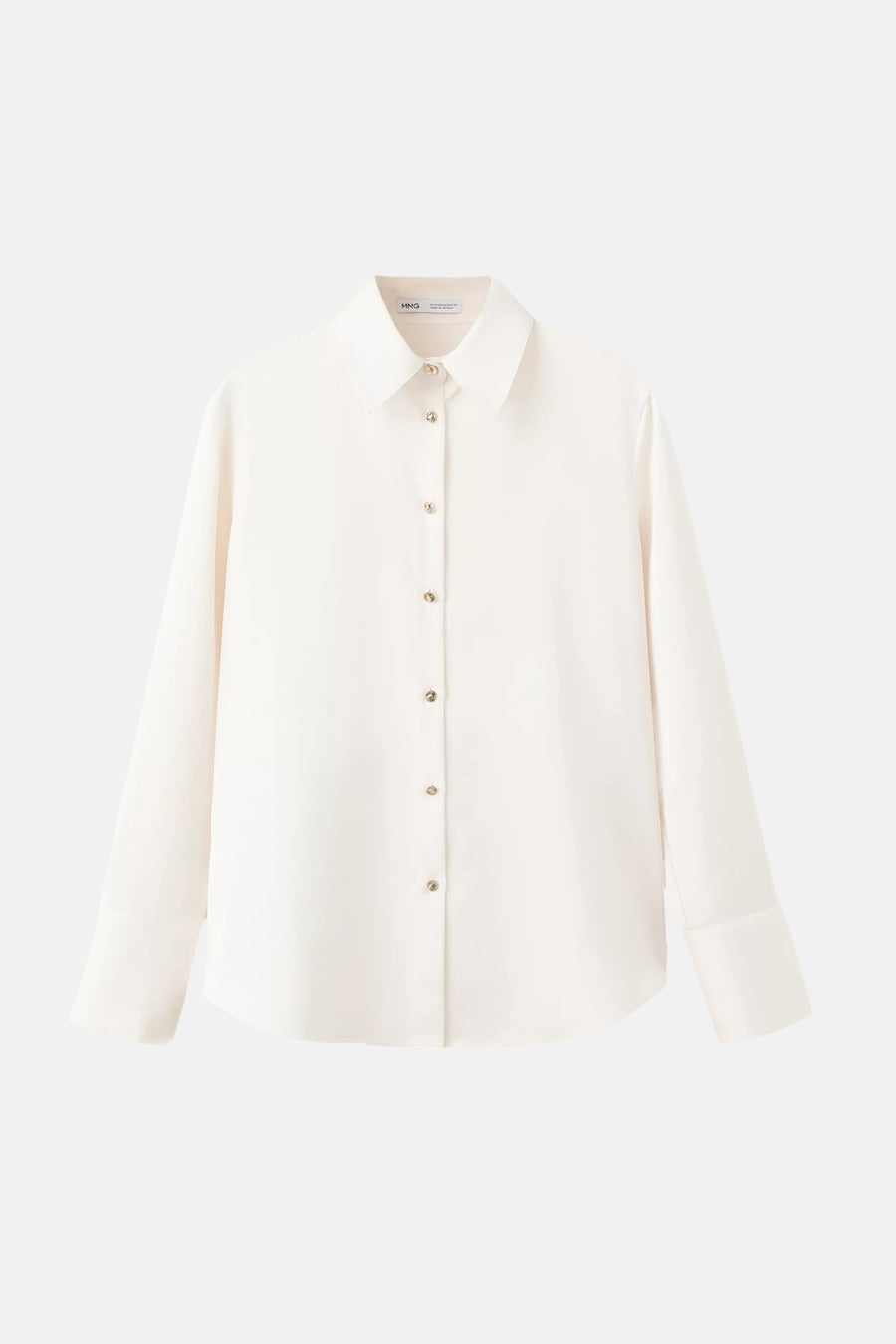 Ecru long-sleeve blouse by MNG with classic collar, front button closure, and cuffed sleeves, shown in front view