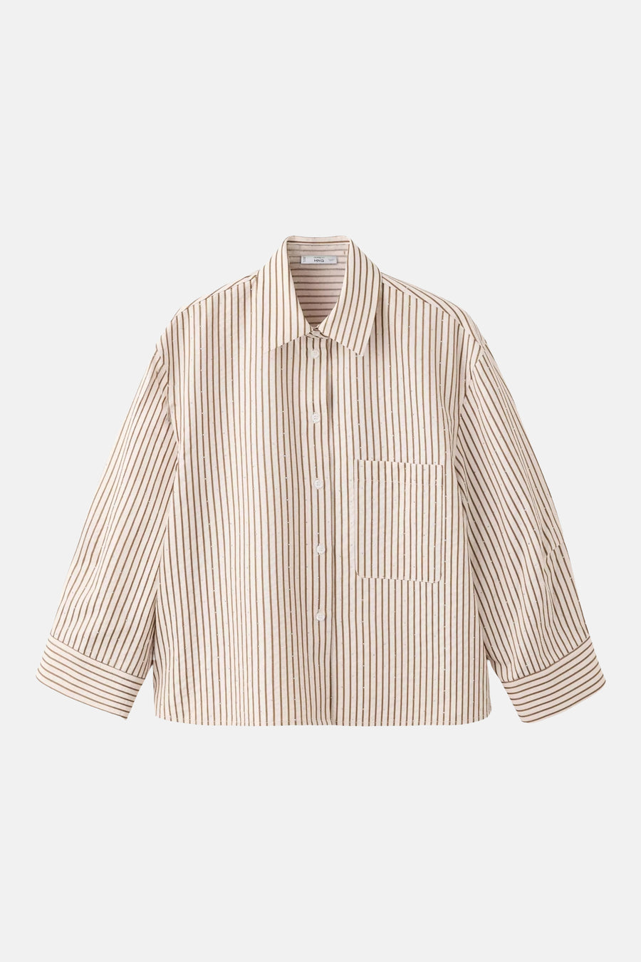 Multicolored short-sleeve blouse with vertical stripes and chest pocket by MNG, front view, beige base with brown lines
