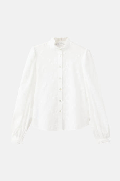 White long-sleeve blouse with floral embroidery and ruffled cuffs by MNG, front view, button-down design