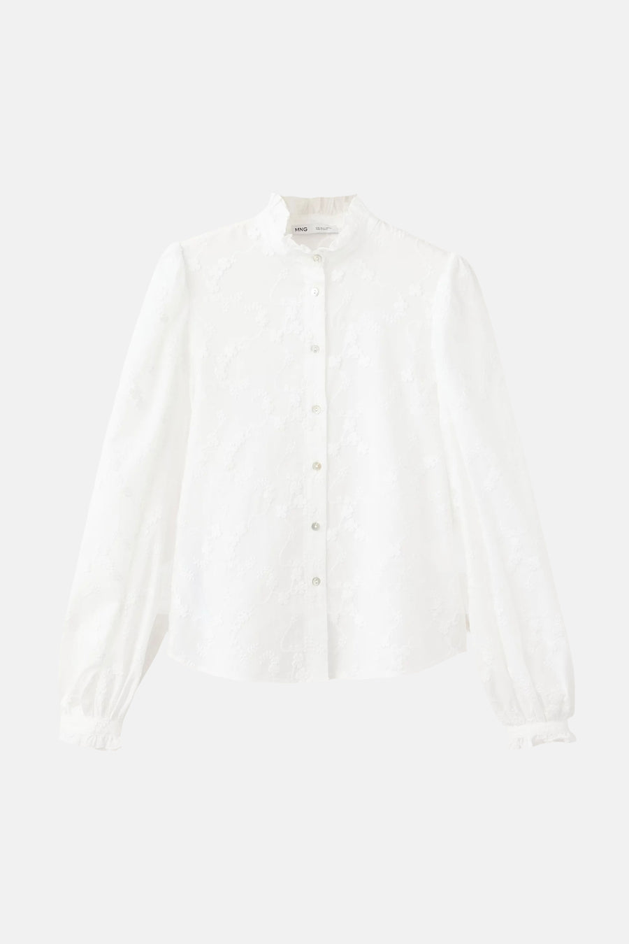 White long-sleeve blouse with floral embroidery and ruffled cuffs by MNG, front view, button-down design