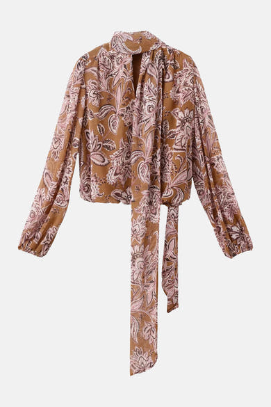 Multicolored long-sleeve floral blouse by MANGO with tie front and flowing sleeves, front view