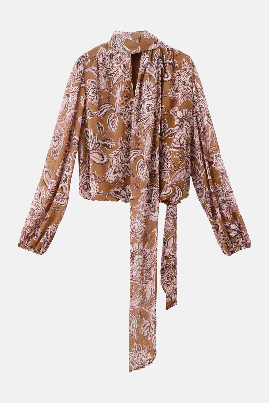 Multicolored long-sleeve floral blouse by MANGO with tie front and flowing sleeves, front view