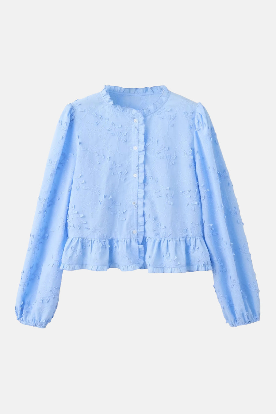 Light blue long-sleeve blouse with floral embroidery, ruffled collar and hem, front buttons, gathered sleeves, flat lay front view