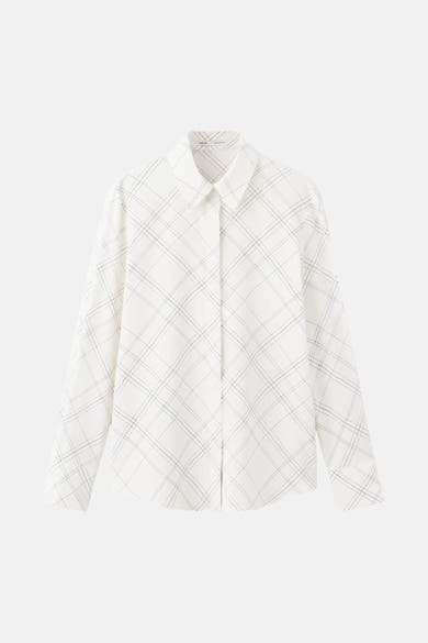 White long-sleeve shirt with black grid pattern by MNG, classic collar, front button closure, flat lay view