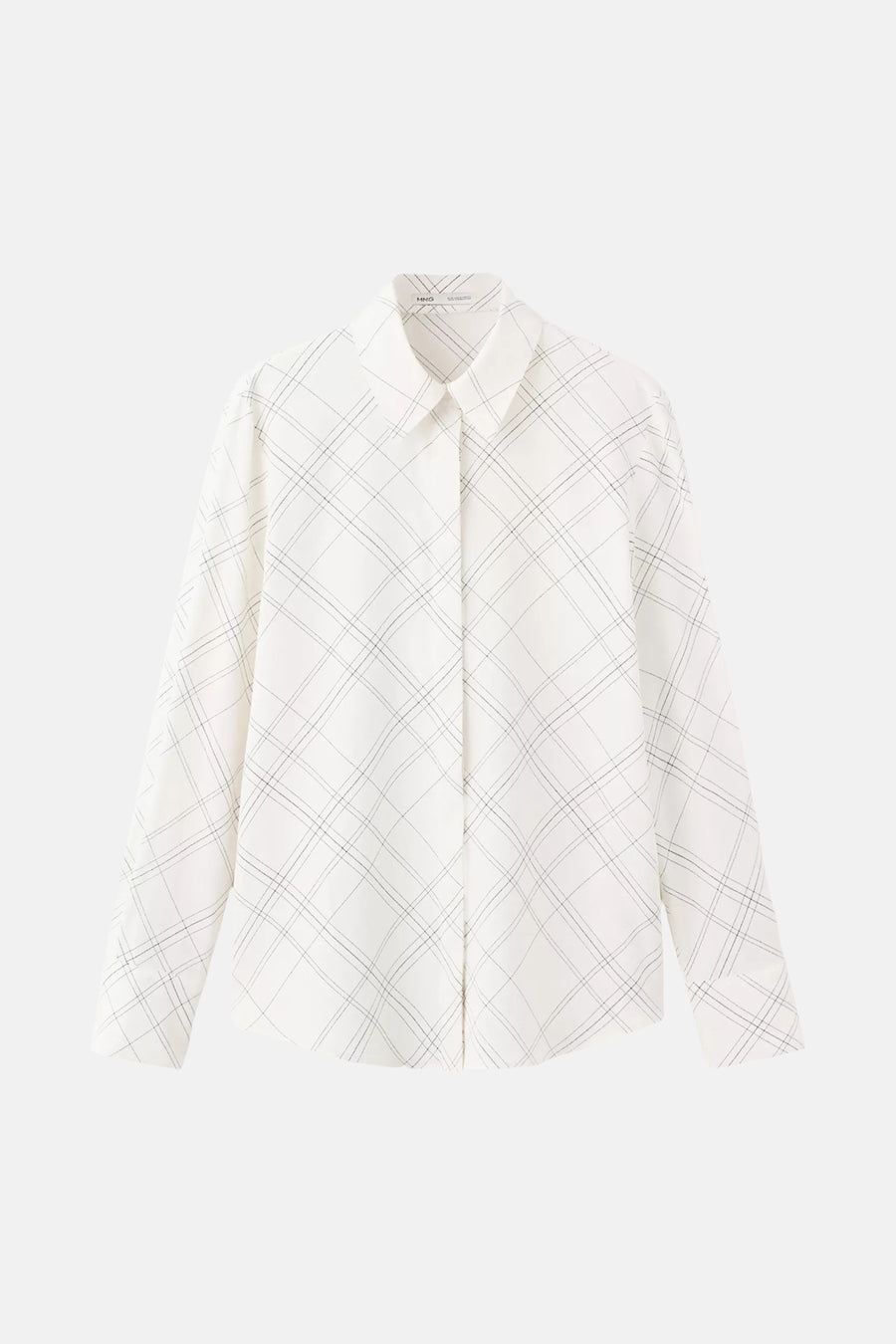 White long-sleeve shirt with black grid pattern by MNG, classic collar, front button closure, flat lay view